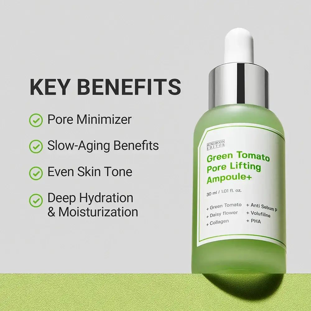 Flacone di siero verde con testo: Green Tomato Pore Lifting Ampoule+. Vantaggi: minimizzare i pori, anti-età.
