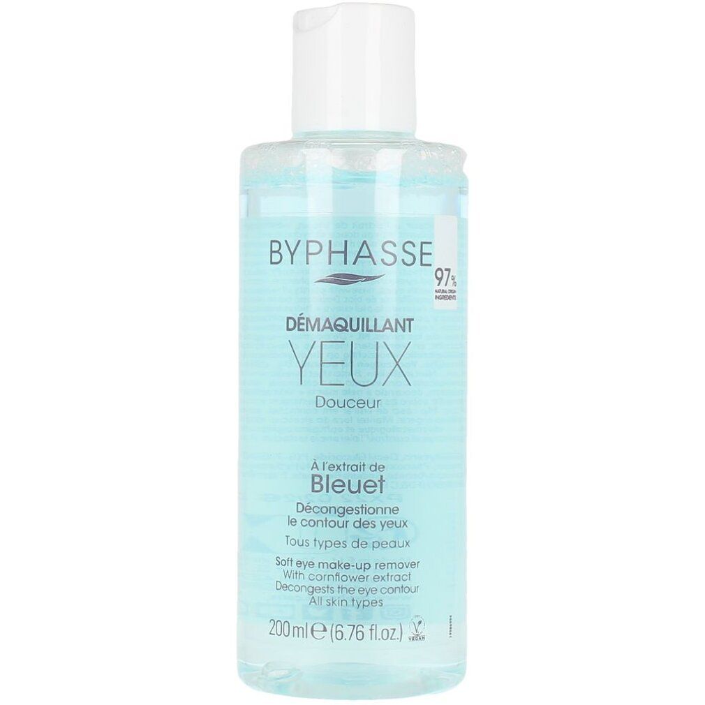 Flacone trasparente con tappo bianco. Scritta: BYPHASSE, DÉMAQUILLANT YEUX Douceur, A l'extrait de Bleuet. 200ml.