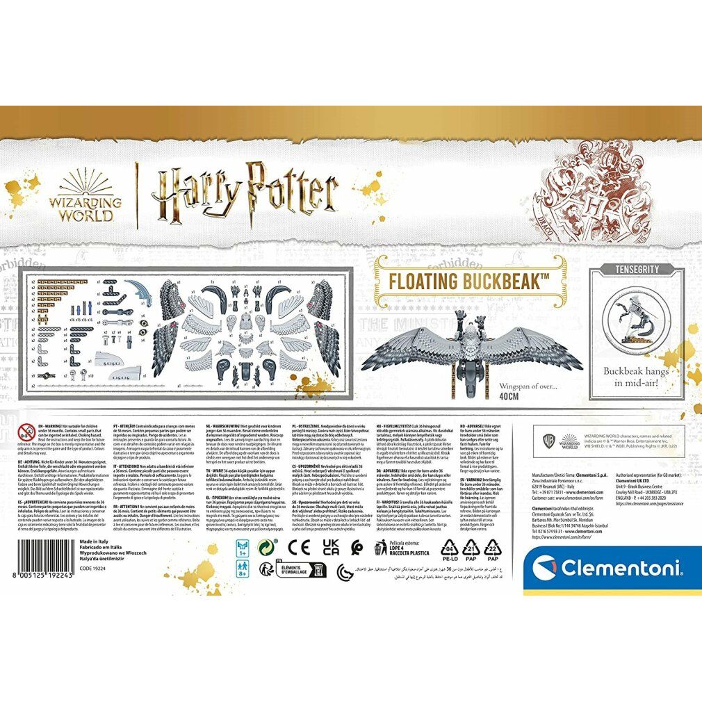 Retro della confezione con istruzioni e immagine del prodotto. Scritta: Floating Buckbeak. Loghi Harry Potter e Clementoni.