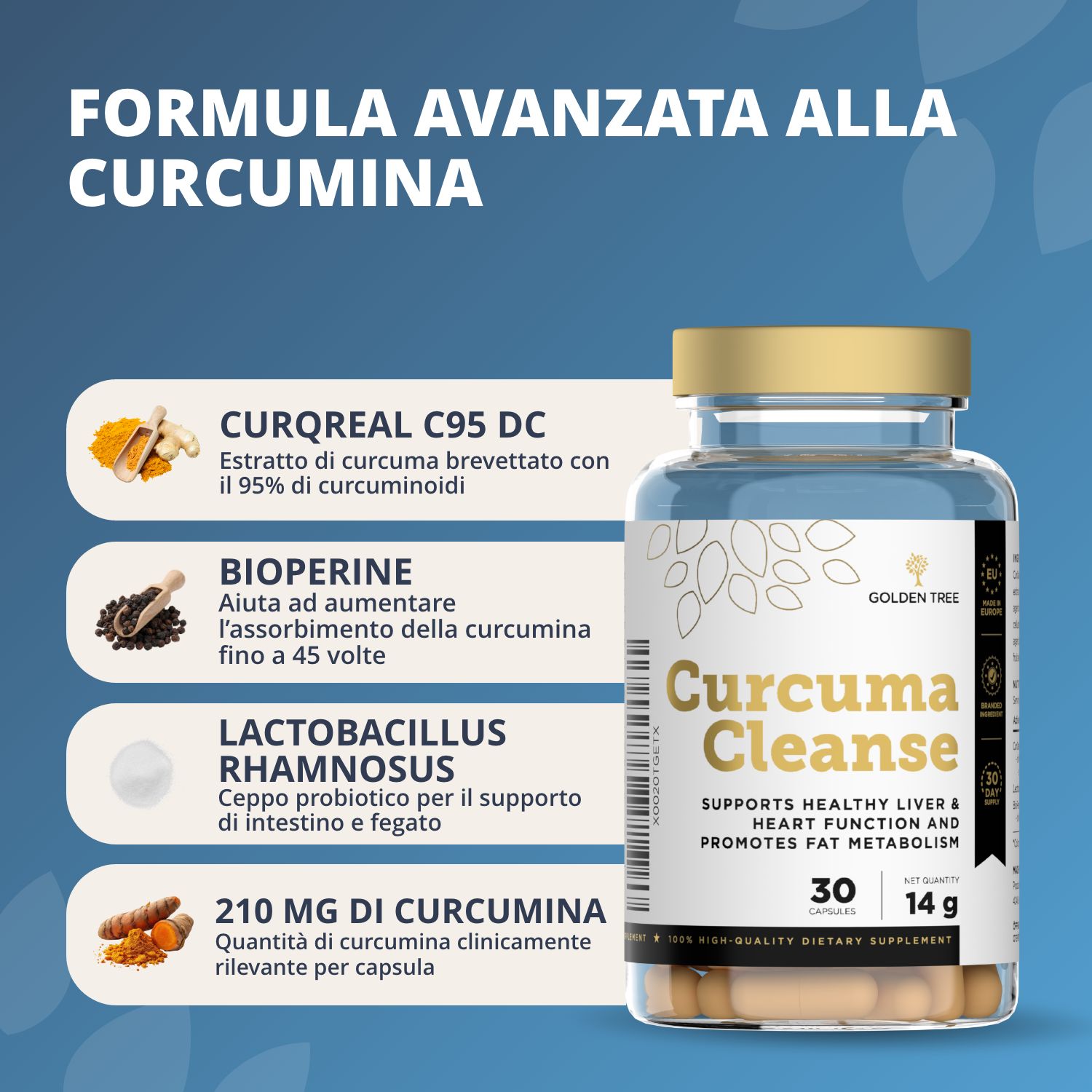 Flacone Curcuma Cleanse con descrizione dettagliata degli ingredienti come CurQreal C95 DC e Bioperine.