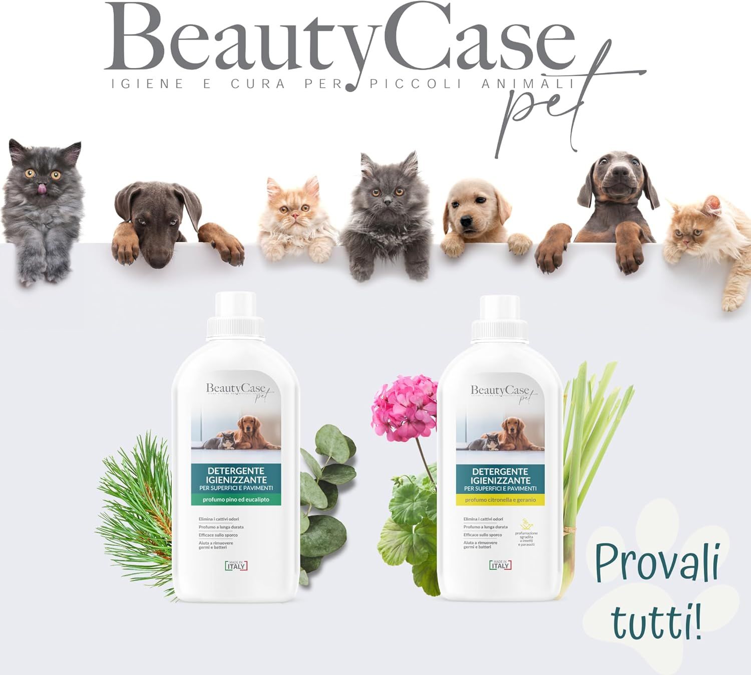Immagine pubblicitaria con flaconi di detergente. Testo: BeautyCase pet. Igiene e cura per piccoli animali. Con cani e gatti.