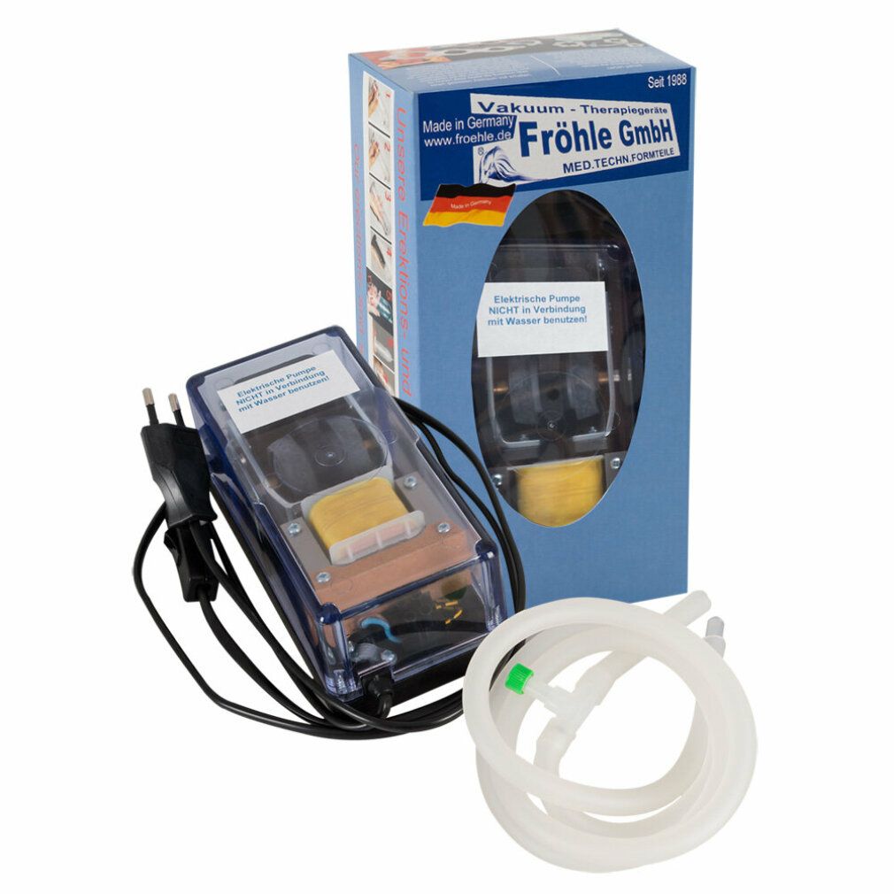 Confezione del prodotto e pompa elettrica. Confezione con logo, nome del prodotto e bandiera tedesca. Tubo e cavo.