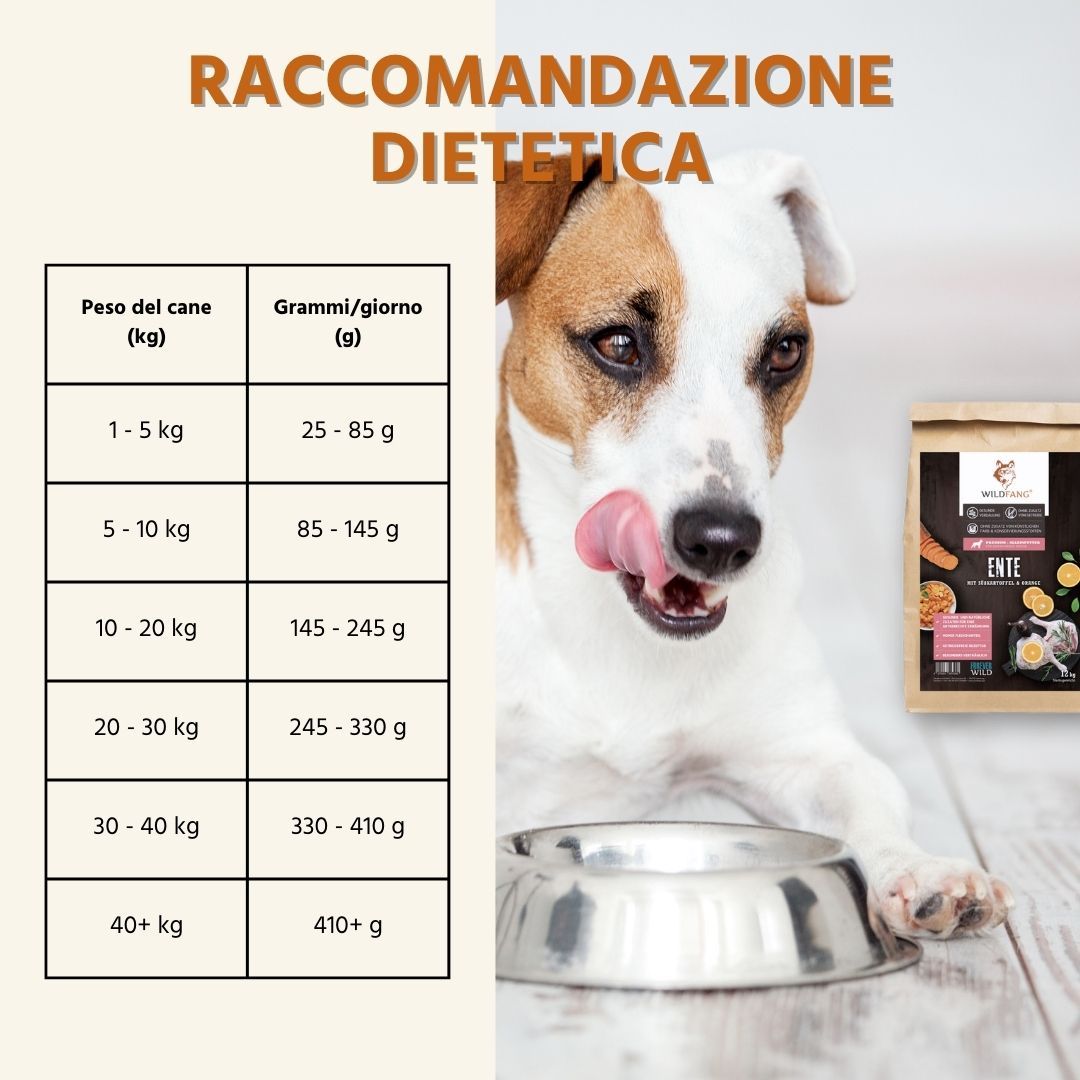 Cane con sacco di cibo e ciotola. Tabella con raccomandazioni dietetiche in base al peso del cane e grammi/giorno.