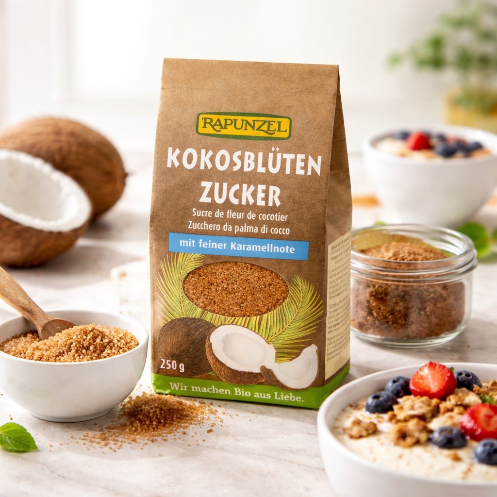 Confezione Rapunzel zucchero di fiori di cocco 250g con noci di cocco e ciotole di muesli.