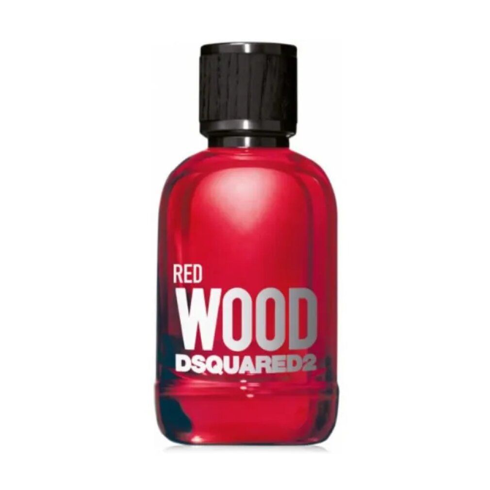 Flacone rosso con tappo nero. Scritta: RED WOOD DSQUARED2.