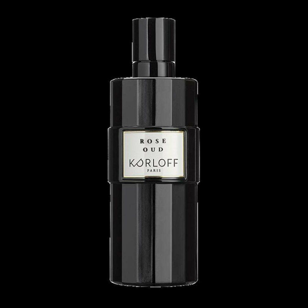 Flacone nero con etichetta bianca. Scritta: Rose Oud, KORLOFF PARIS. Tappo nero.