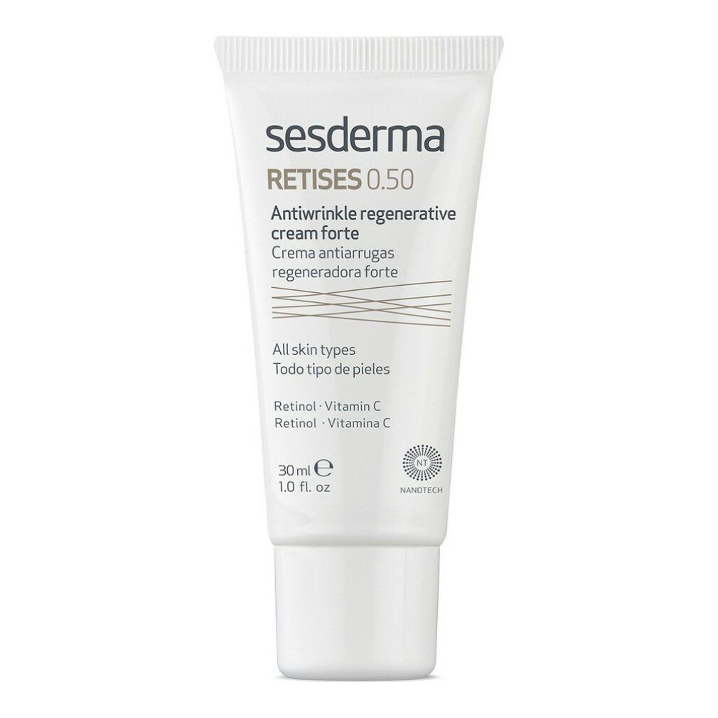 Sesderma Retises 0.50 Crema. Tubo con tappo a vite. Informazioni sul prodotto e logo. Tubo bianco.
