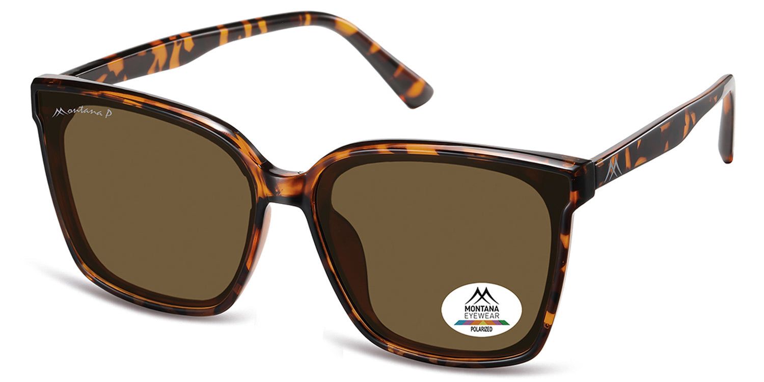 Occhiali da sole marroni con montatura tartarugata. Logo Montana Eyewear sull'asta e sulla lente. Polarizzati.