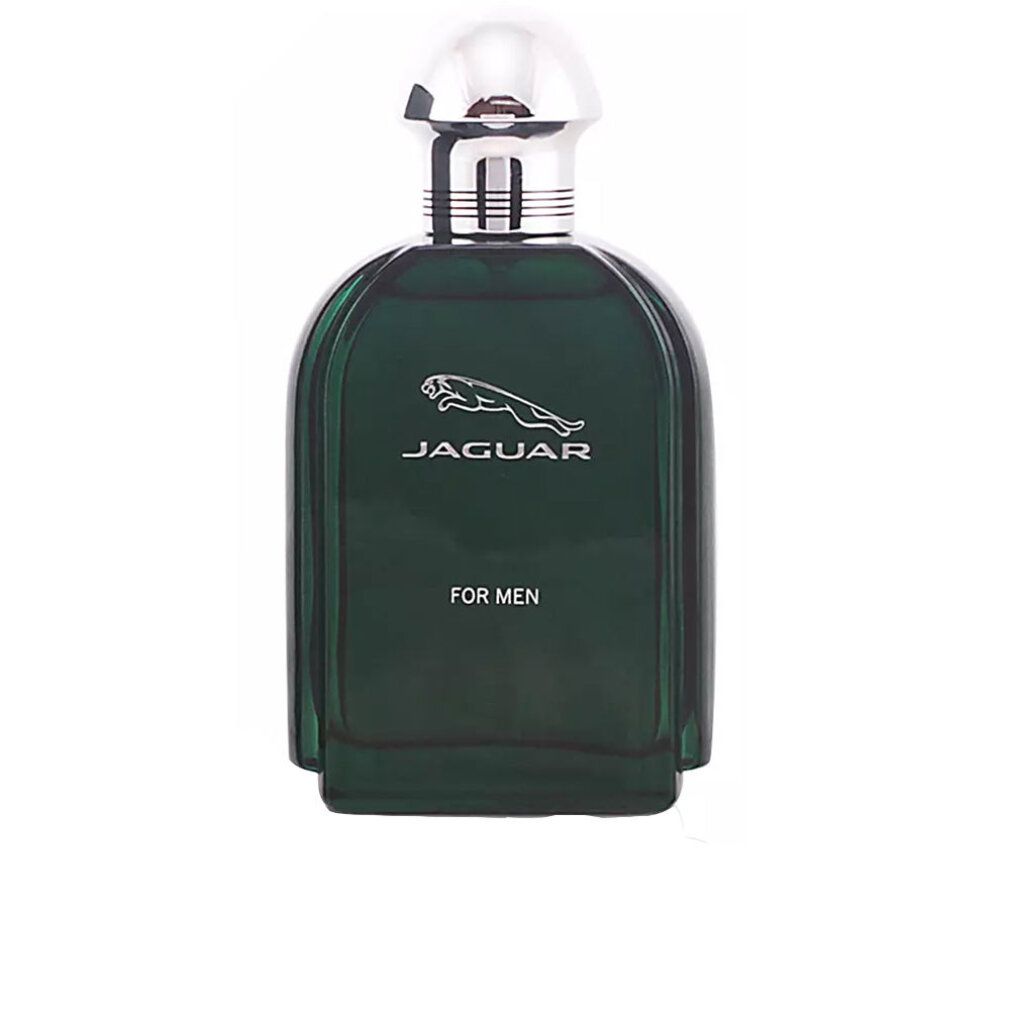 Flacone di vetro verde con tappo argentato. Scritta: Jaguar For Men. Logo: giaguaro che salta.