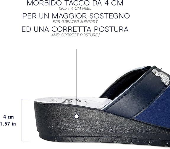 Dettaglio della pantofola. Tacco morbido da 4 cm. Per un maggiore sostegno e una postura corretta. Logo.