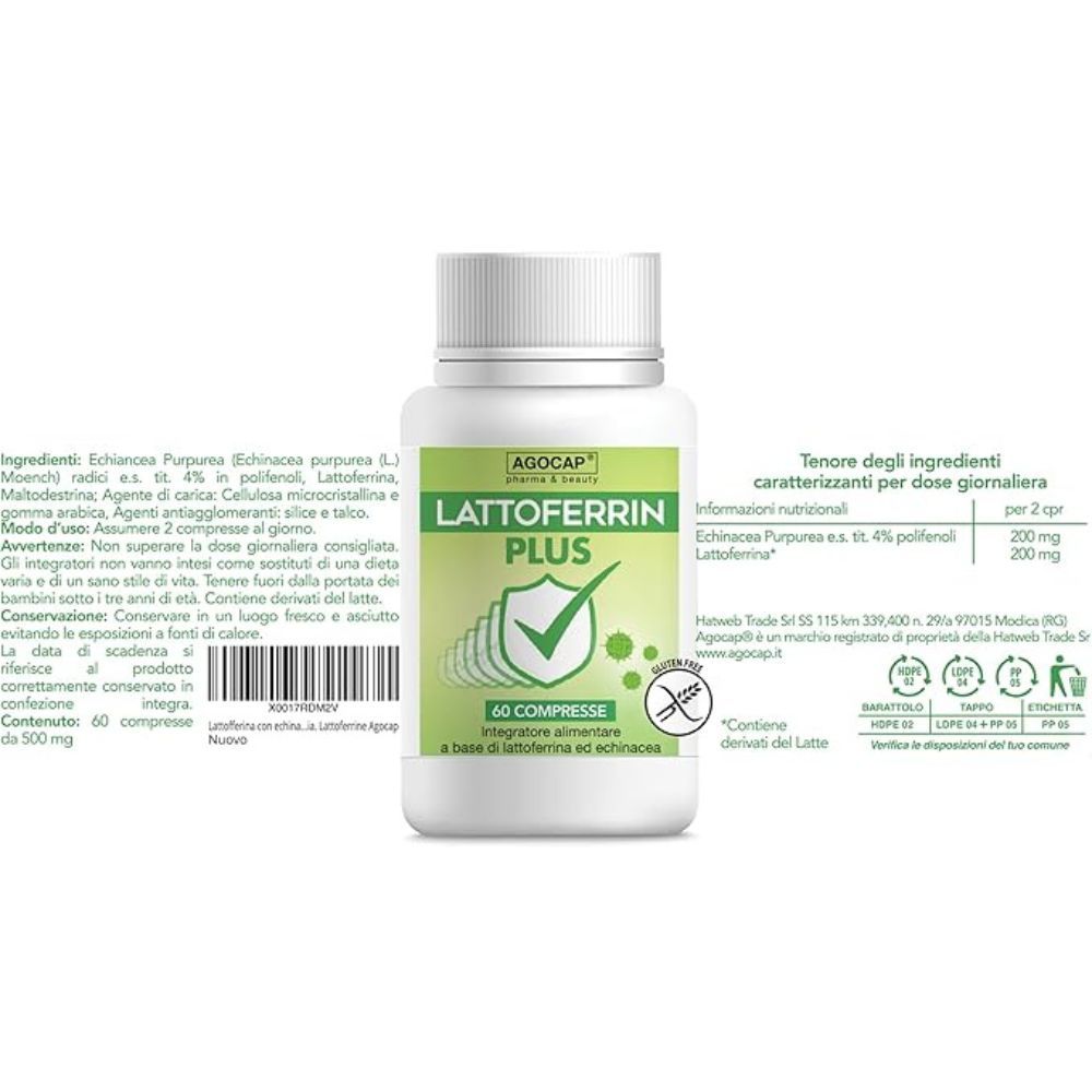 Flacone bianco con etichetta verde. Scritta: Lattoferrin Plus, 60 compresse. Simbolo senza glutine. Informazioni sul prodotto.