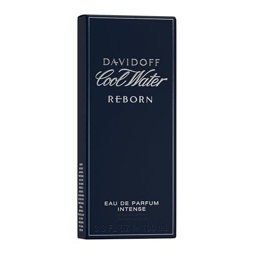 Scatola blu. Scritta: Davidoff Cool Water Reborn, Eau de Parfum Intense. Cornice e testo neri.