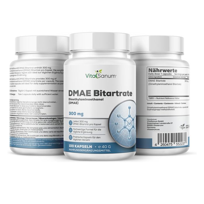 Tre flaconi di VitaSanum DMAE Bitartrato capsule, 300 mg, 100 capsule per flacone.