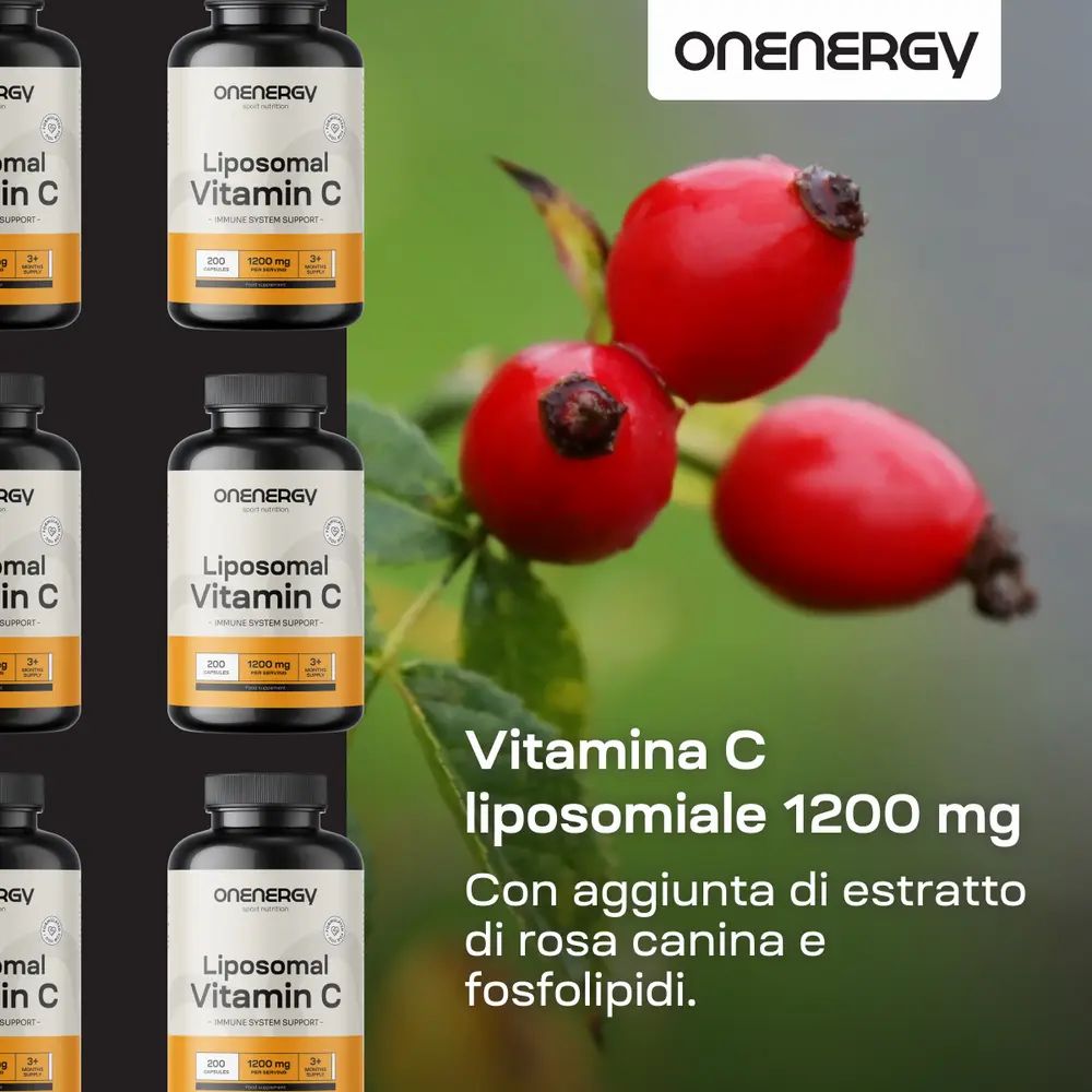 Diverse bottiglie OnEnergy Vitamina C liposomiale. Rosa canina e testo. Sfondo verde.