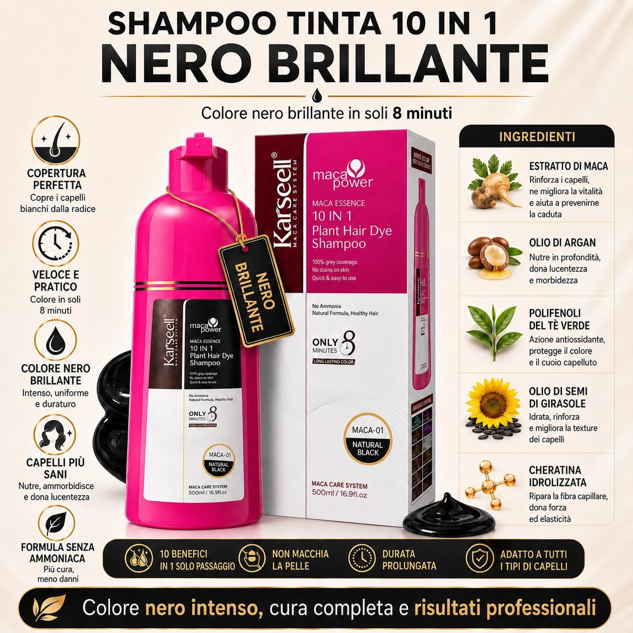 KARSEELL Shampoo Colorante Nero Naturale Copertura Capelli Bianchi Istantanea Cheratina