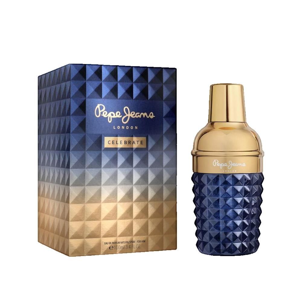 Flacone di profumo e confezione. Flacone blu con tappo dorato. Confezione blu-oro con logo "Pepe Jeans".