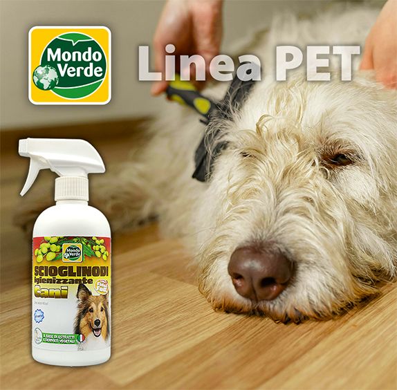 Flacone e logo accanto a un cane spazzolato. Scritto: Linea PET.