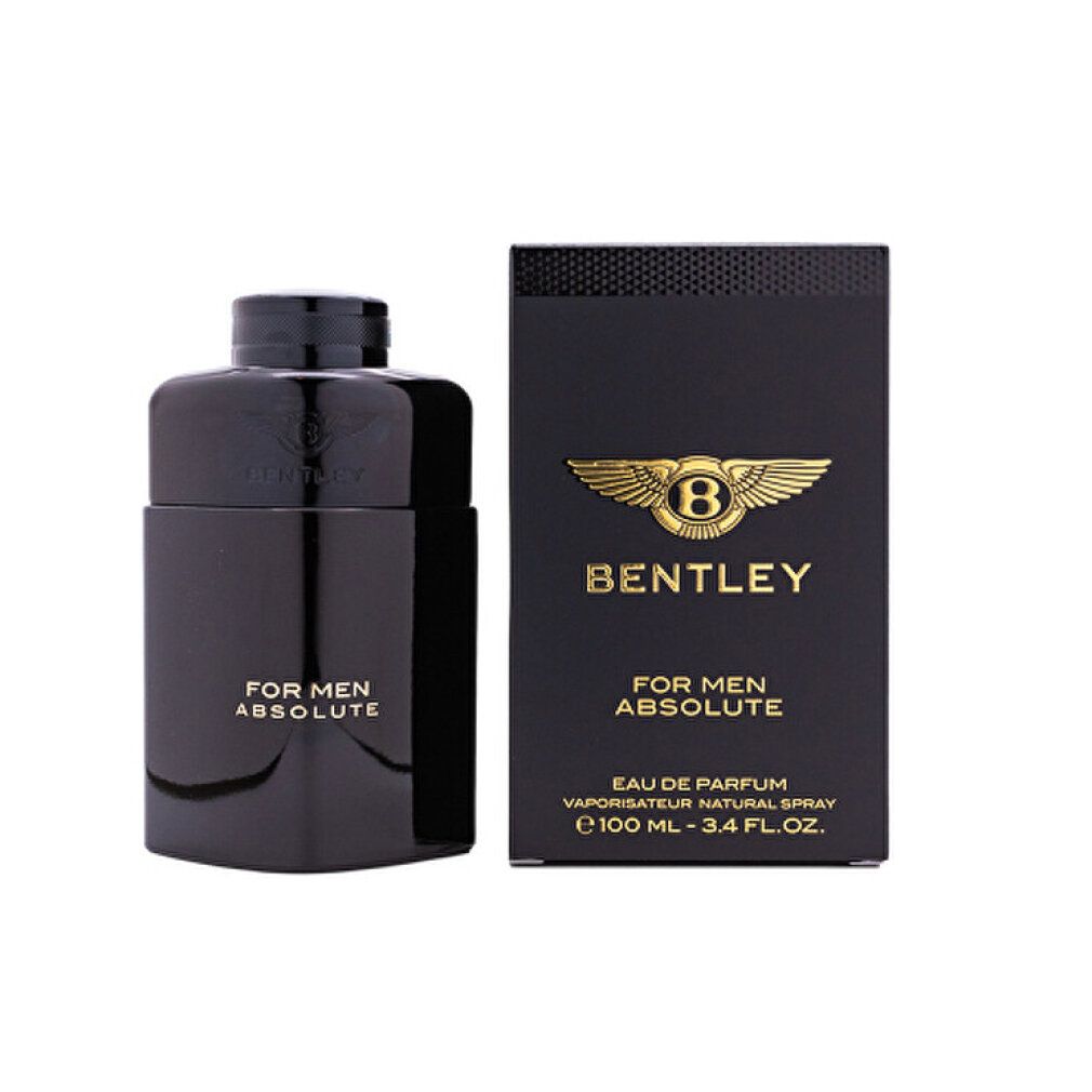 Flacone e scatola di profumo Bentley neri. Scritta: Bentley For Men Absolute Eau de Parfum. Logo dorato.