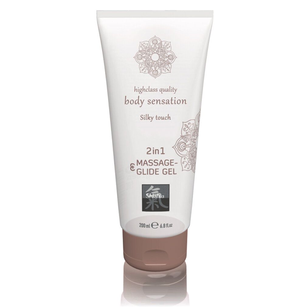 Gel massaggio e scivolamento 2 in 1, tocco setoso, tubo 200ml, primo piano.