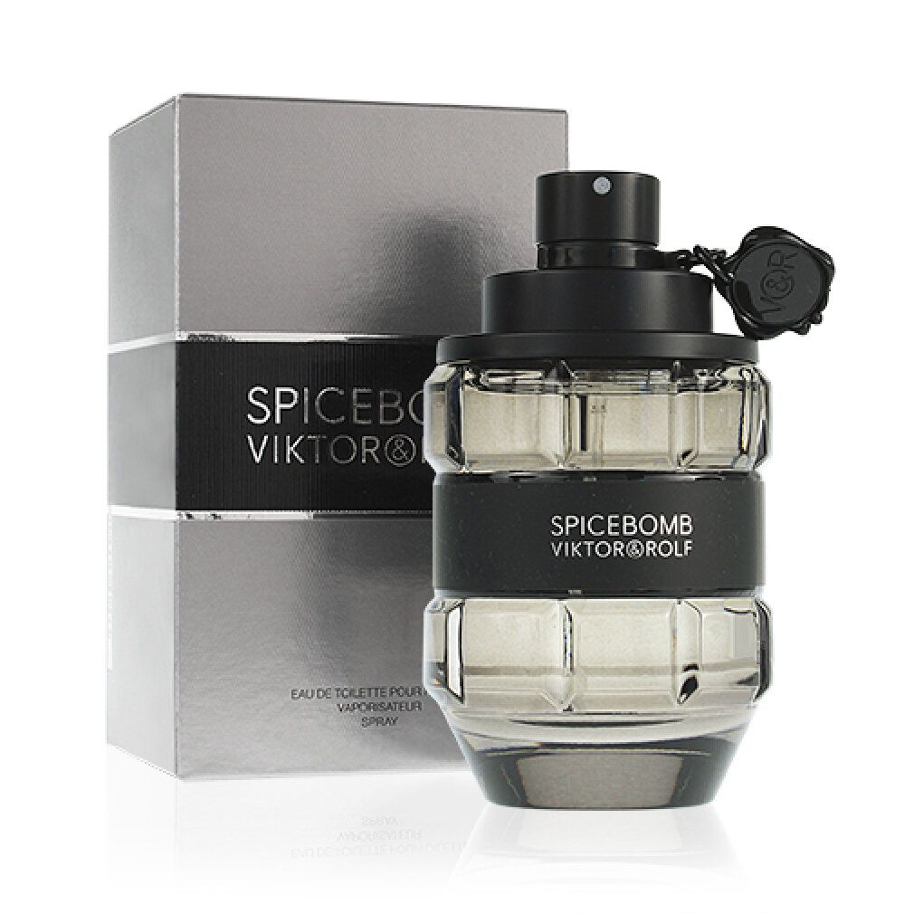 Confezione grigia e flacone. SPICEBOMB, VIKTOR & ROLF. Eau de Toilette per uomo, spray naturale.