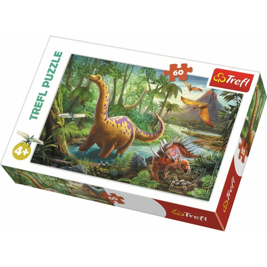 Scatola puzzle con dinosauri. 60 pezzi. Marchio Trefl. Età consigliata: 4+. Confezione con motivo puzzle.