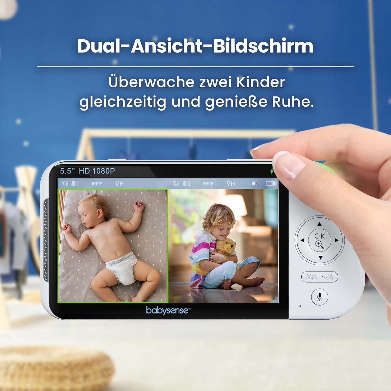 Baby monitor Full HD con schermo diviso e 2 telecamere Babysense