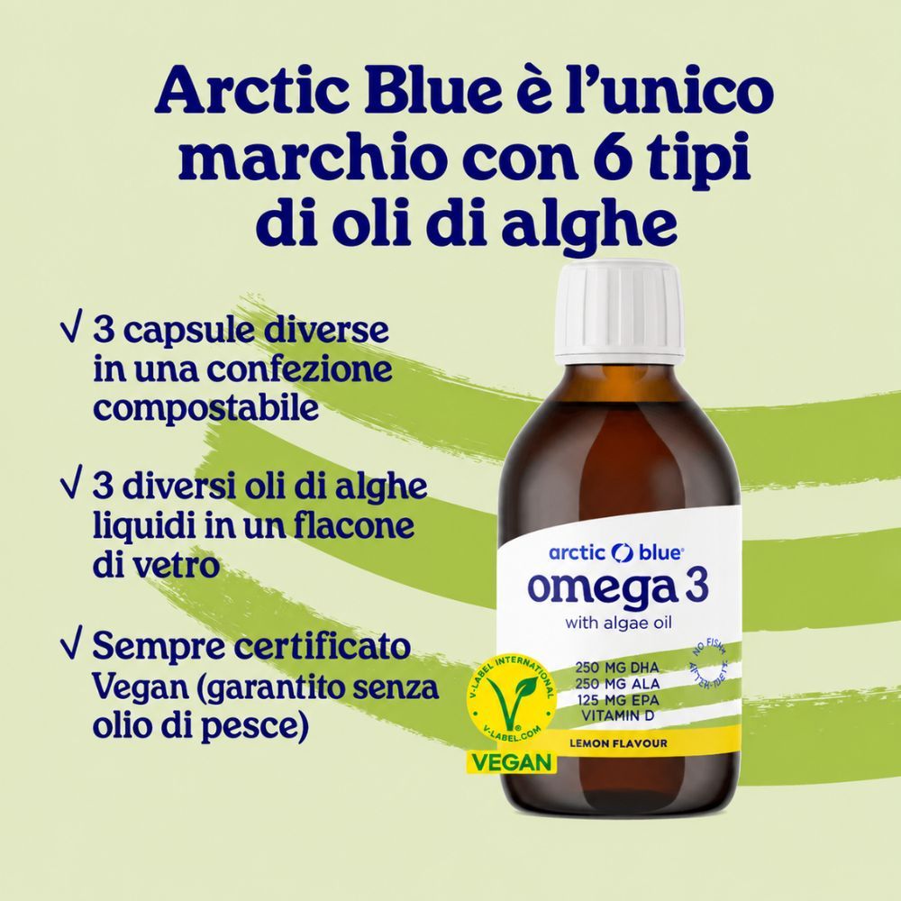 Flacone di olio di alghe Omega 3 al limone, sigillo V-Label Vegan e informazioni sugli ingredienti.