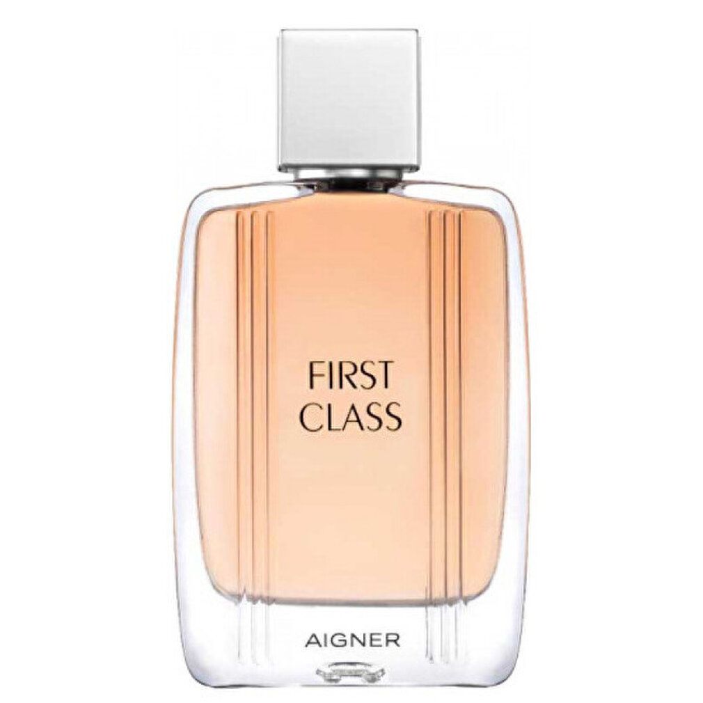Flacone con liquido chiaro, forma quadrata arrotondata, tappo bianco. Scritta "FIRST CLASS" e "AIGNER".