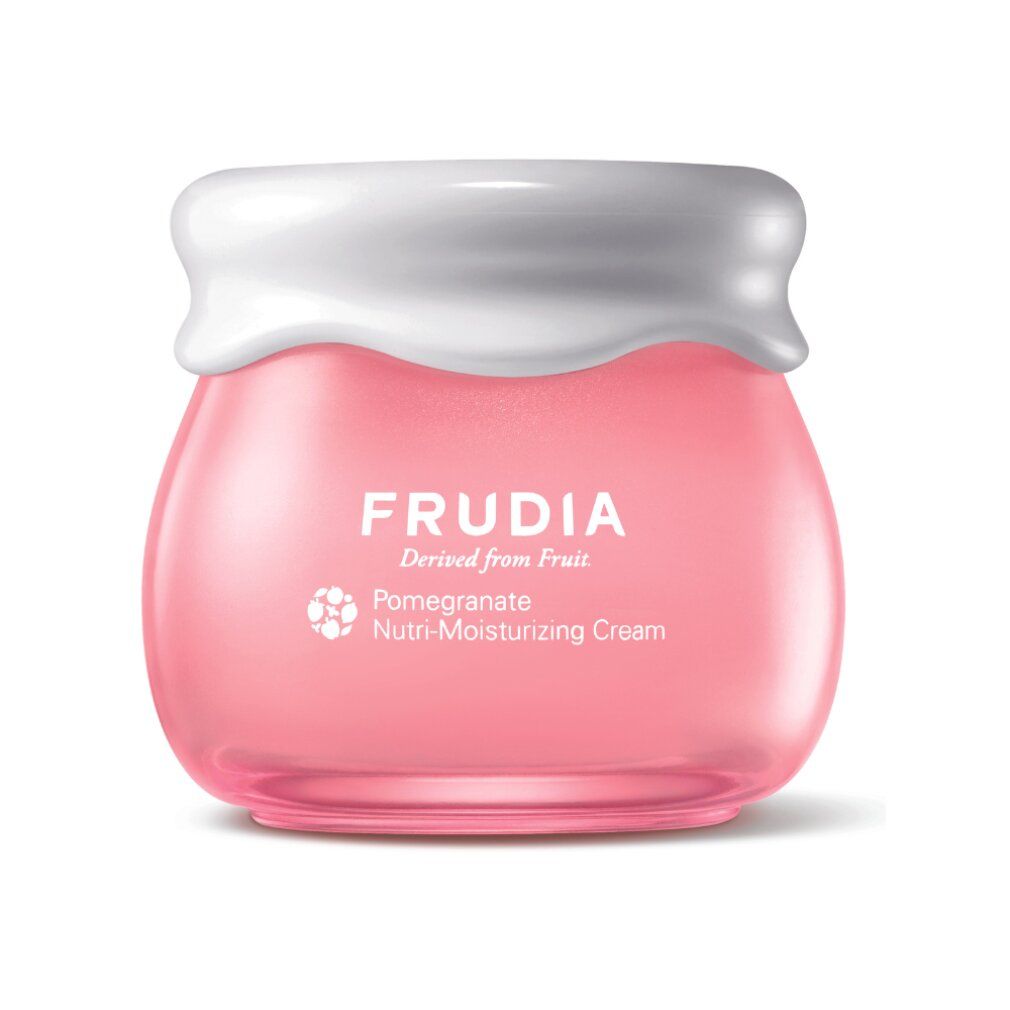 Vasetto rosa con coperchio bianco. Scritta: FRUDIA, Pomegranate Nutri-Moisturizing Cream.