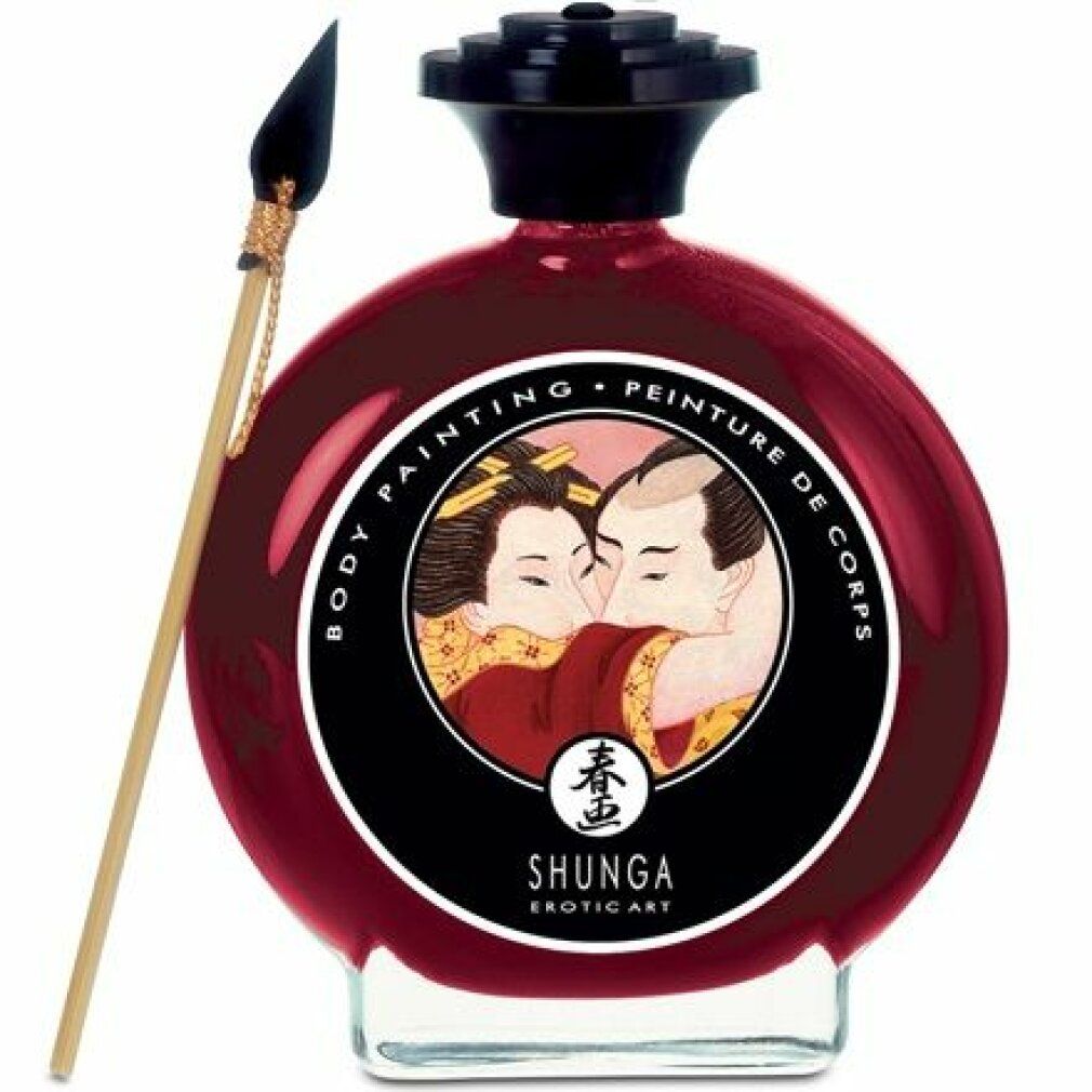 Flacone rotondo con liquido rosso, tappo nero ed etichetta. Pennello accanto. Scritta: Shunga, Body Painting.