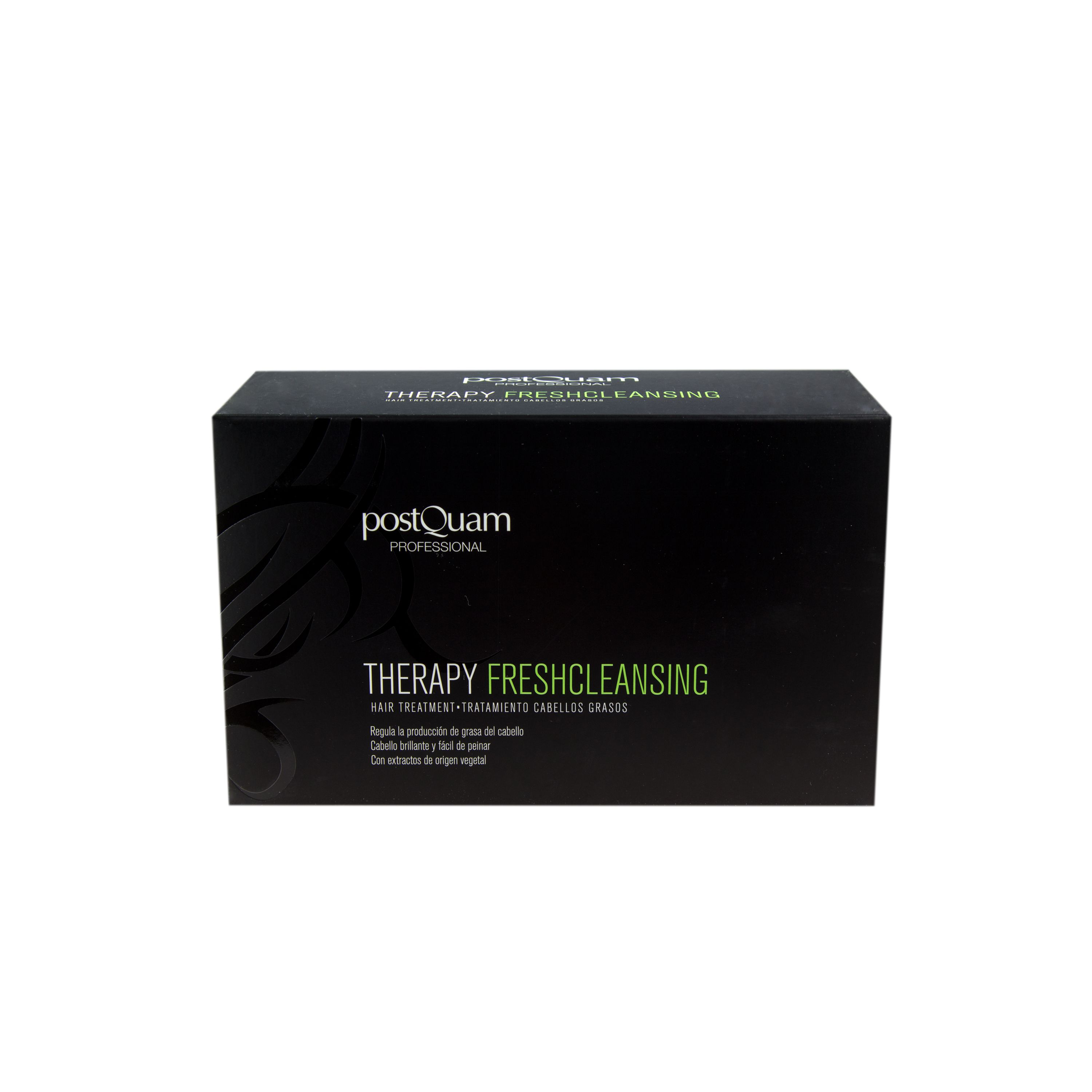 Confezione nera del prodotto con testo bianco. Scritta: Therapy Fresh Cleansing. Marchio: PostQuam Professional.
