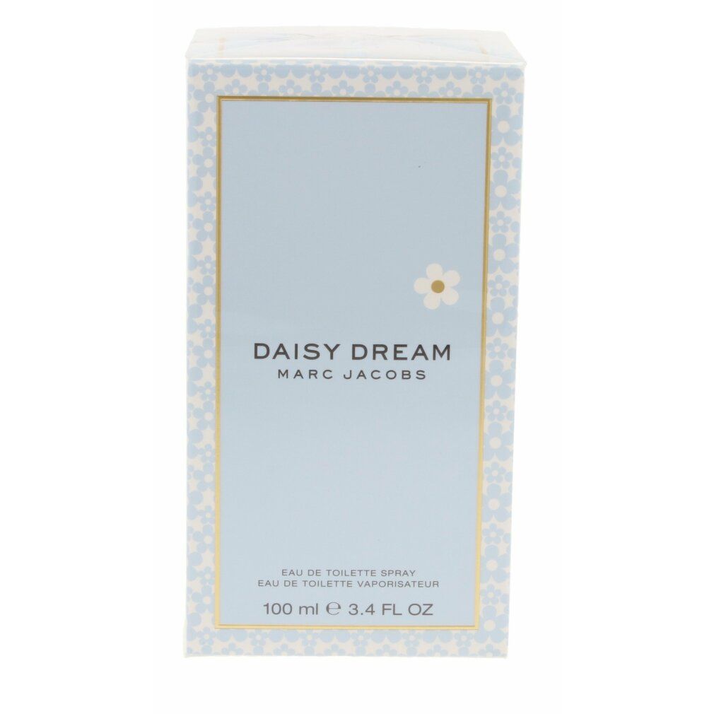 Confezione azzurra con scritta: DAISY DREAM MARC JACOBS. Motivo floreale e cornice dorata.
