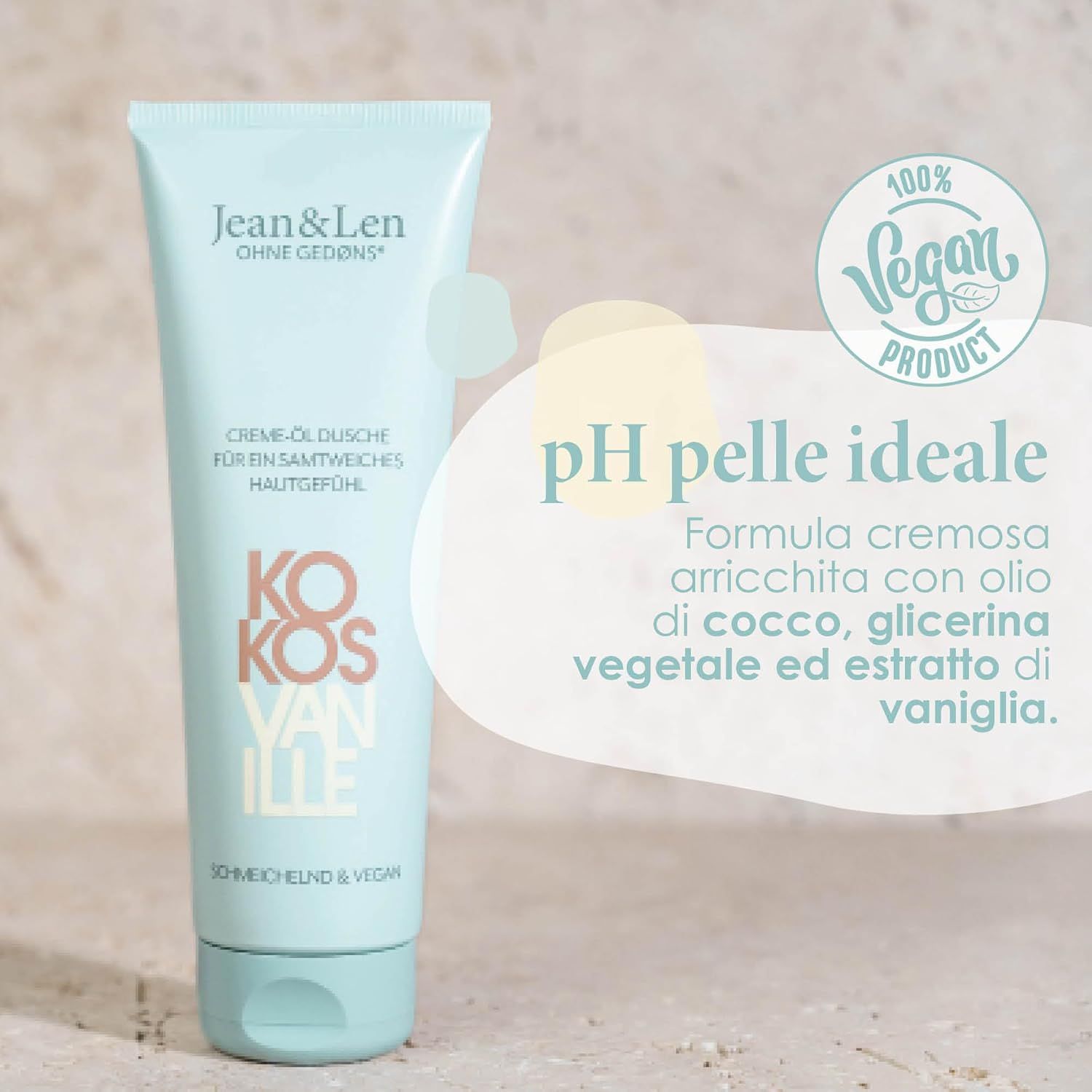 Tubo verde chiaro con stampa del prodotto. Profumo cocco-vaniglia. Sigillo vegano. Testo: pH pelle ideale.