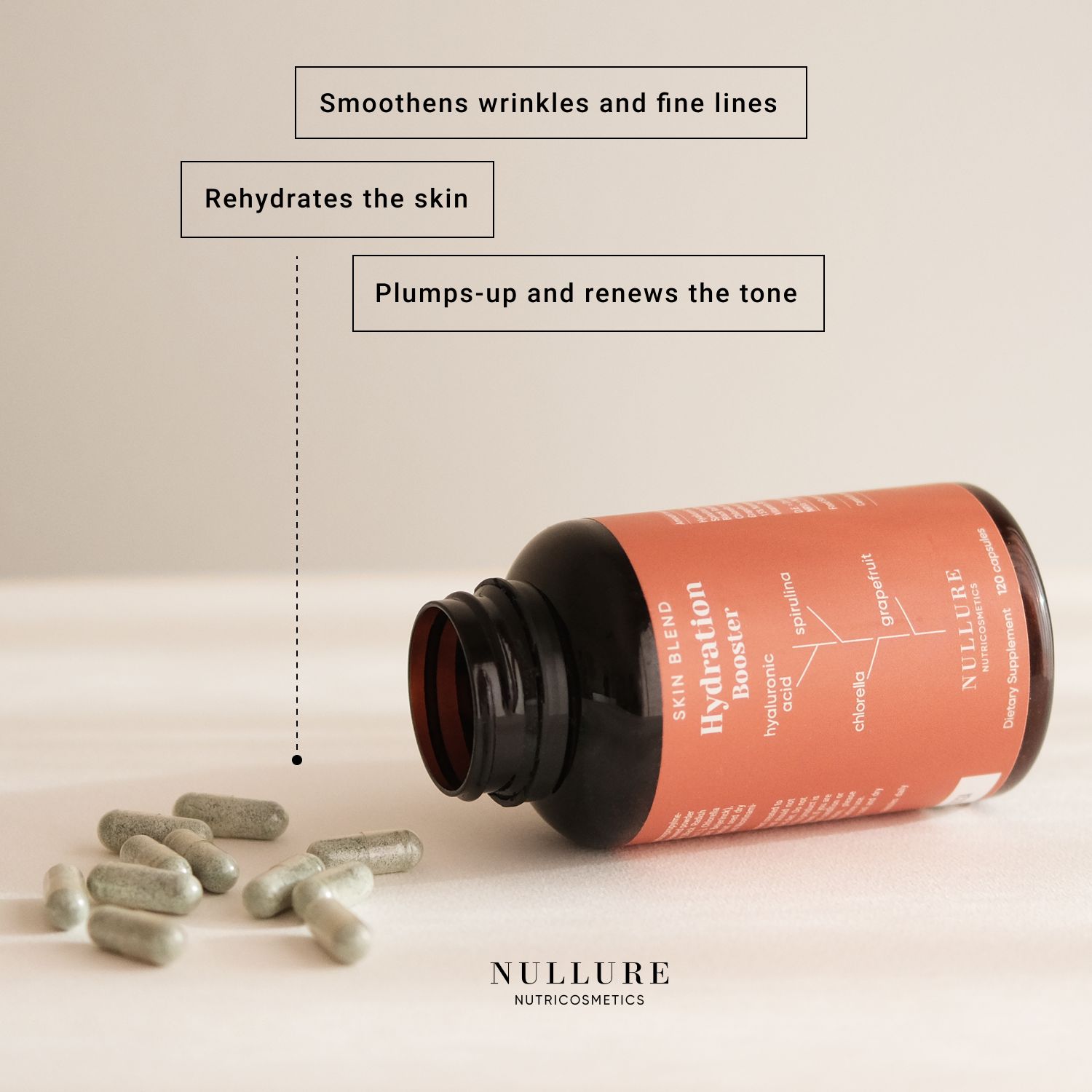 Flacone marrone con capsule. Scritta: Skin Blend Hydration Booster. Contiene acido ialuronico, spirulina, clorella, pompelmo. Nullure Nutricosmetics.