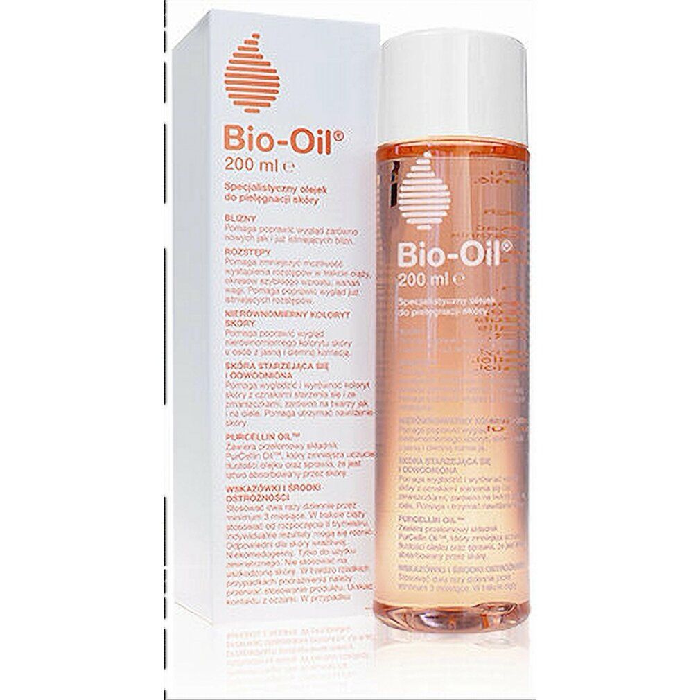 Flacone e confezione Bio-Oil. Flacone con tappo bianco, contenuto trasparente ed etichetta. Confezione con logo e testo.