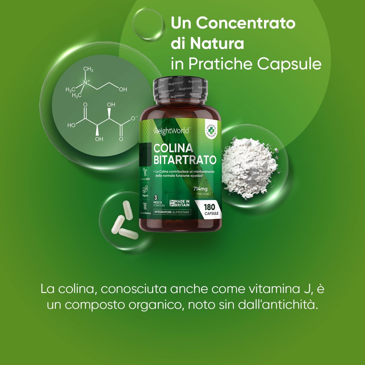 Flacone WeightWorld Colina Bitartrato, 180 capsule. Formula chimica, polvere, capsule. Testo: Concentrato dalla natura.