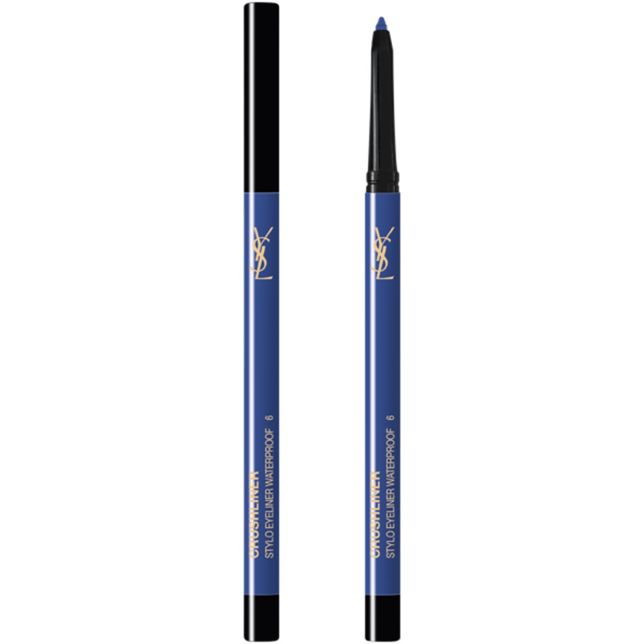 Yves Saint Laurent Crushliner Stylo WP blu, con cappuccio nero. Logo e scritta dorati.
