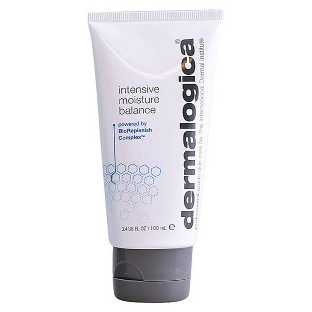 Tubo bianco con tappo grigio. Scritta: intensive moisture balance, Dermalogica. 3.4 US FL OZ / 100 mL.