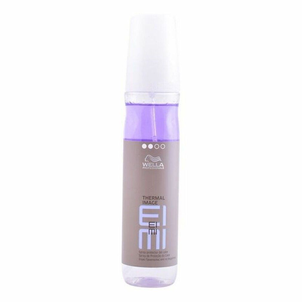 Flacone spray per capelli con tappo bianco e liquido viola. Scritta: Wella Eimi Thermal Image.