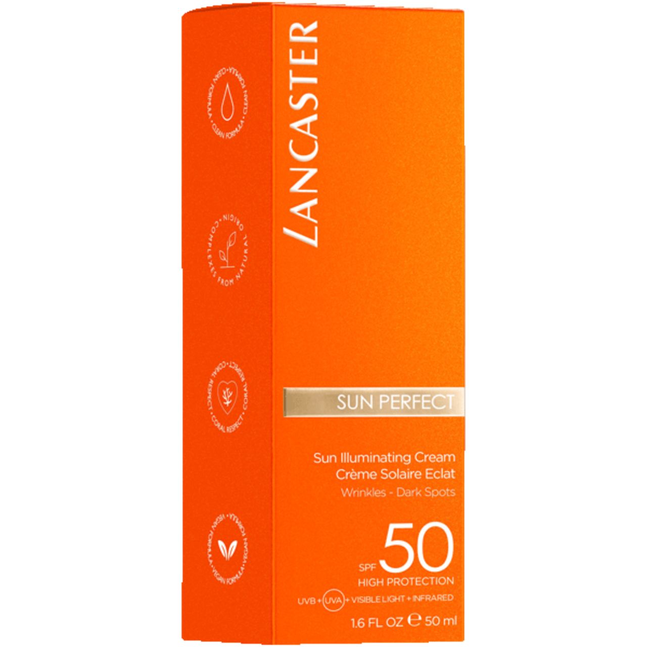 Confezione arancione con testo bianco. Scritta: Lancaster Sun Perfect, Crème Solaire Eclat, SPF 50. Contro rughe e macchie scure.