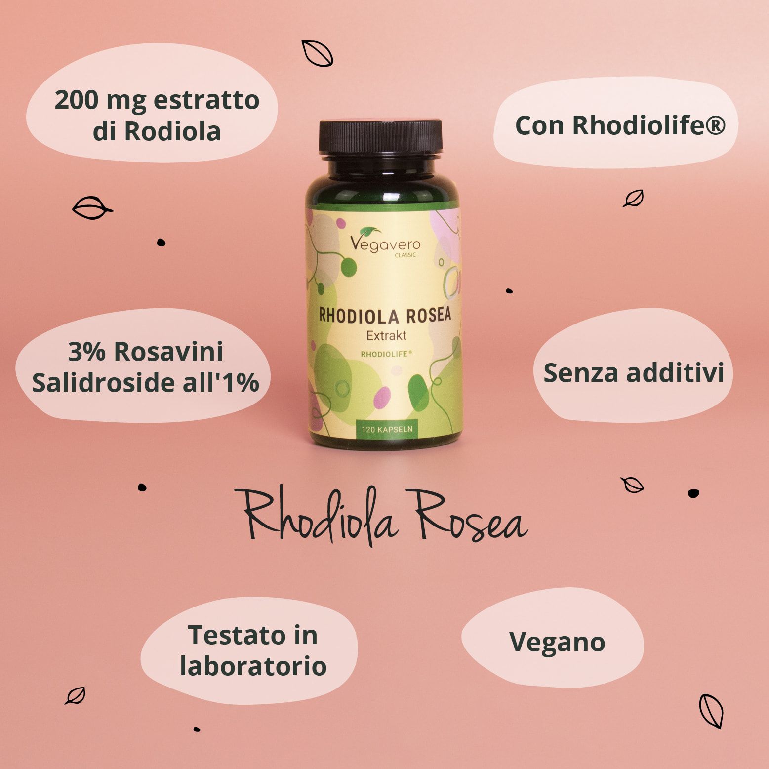 Flacone del prodotto con testo e simboli. Contiene informazioni su ingredienti e certificazioni. Marchio: Vegavaro.