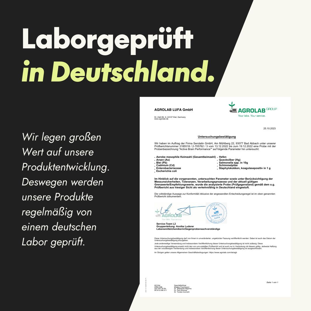 Certificato di Agrolab LUFA GmbH. Testo: Testato in laboratorio in Germania. Attribuiamo grande importanza allo sviluppo dei nostri prodotti. I nostri prodotti sono regolarmente testati da un laboratorio tedesco.