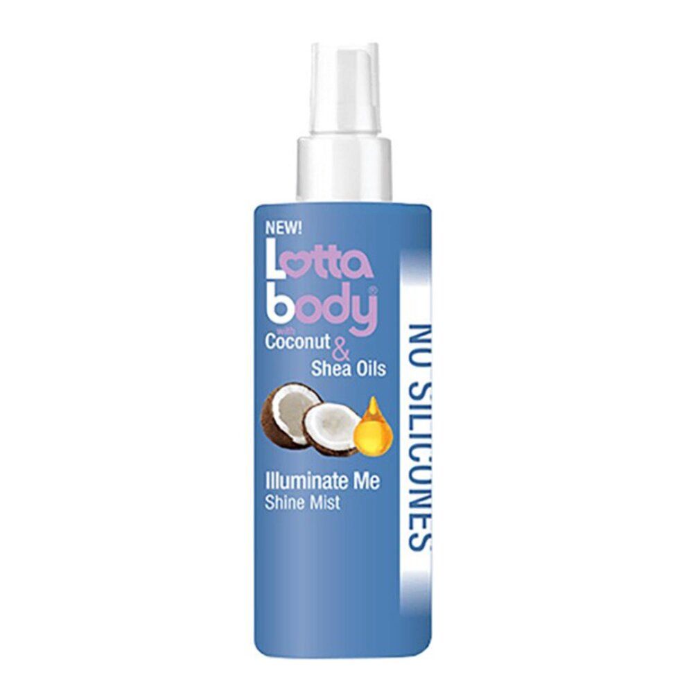 Flacone spray blu con erogatore bianco. Scritta: Lotta Body, Coconut & Shea Oils, Illuminate Me Shine Mist, No Silicones.