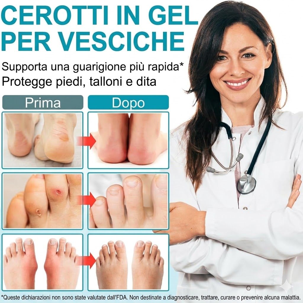 Immagini prima e dopo dei piedi con cerotti per vesciche. Una dottoressa con uno stetoscopio. Mostra la guarigione di vesciche e calli.