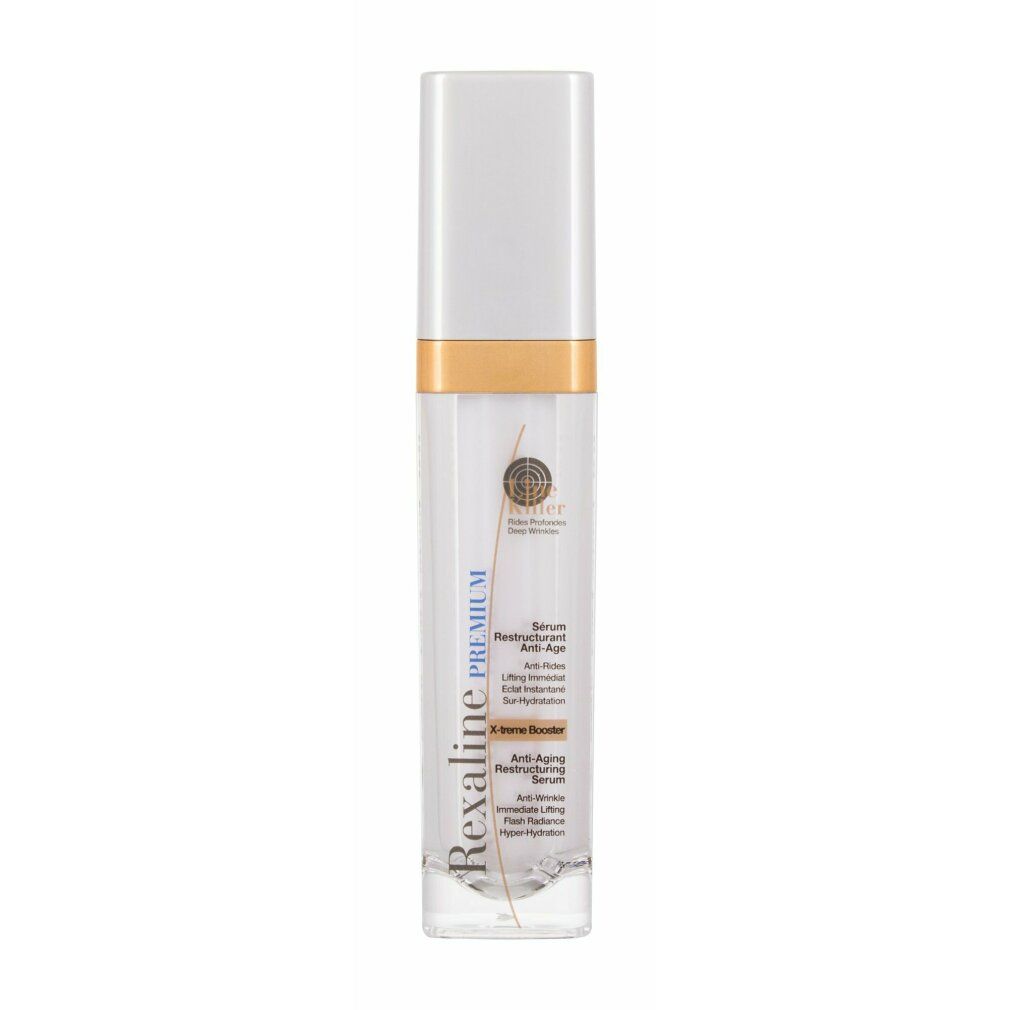 Flacone di siero trasparente con tappo argentato e anello dorato. Scritta: Rexaline Premium.