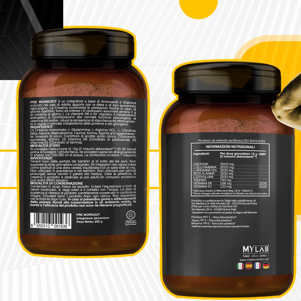 Due barattoli PRE WORKOUT. Testo: PRE WORKOUT. Testo: INGREDIENTI. Testo: MODALITÀ D'USO. Testo: AVVERTENZE. Testo: INFORMAZIONI NUTRIZIONALI.