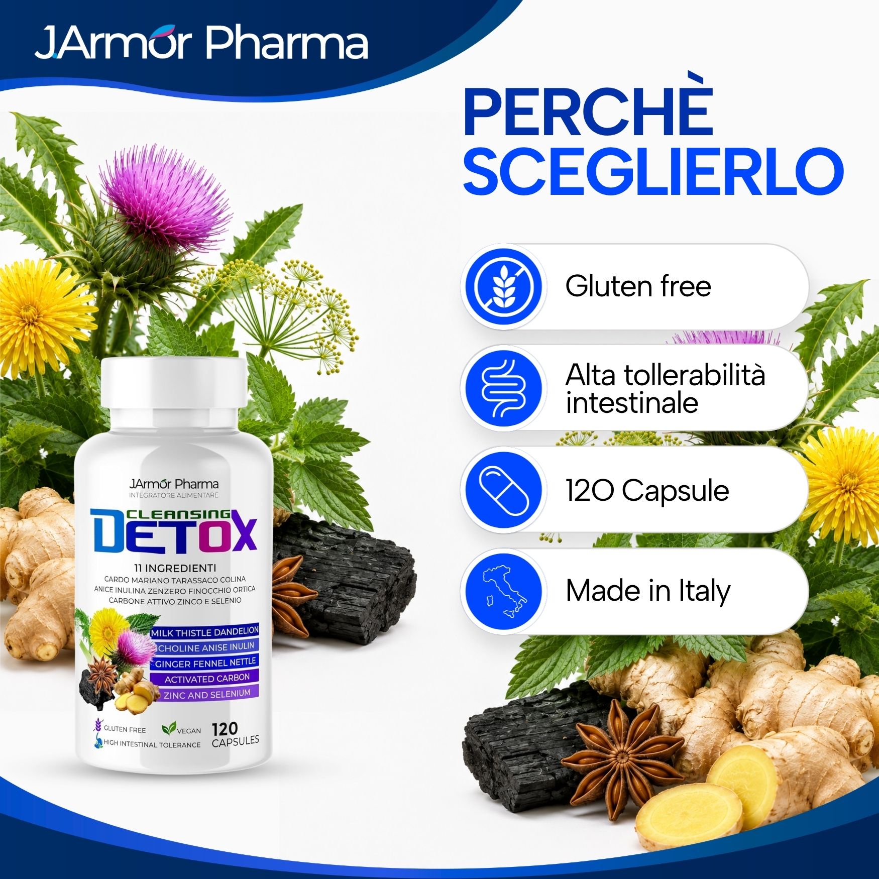 Bottiglia da 120 capsule circondata da zenzero, erbe e carbone attivo.