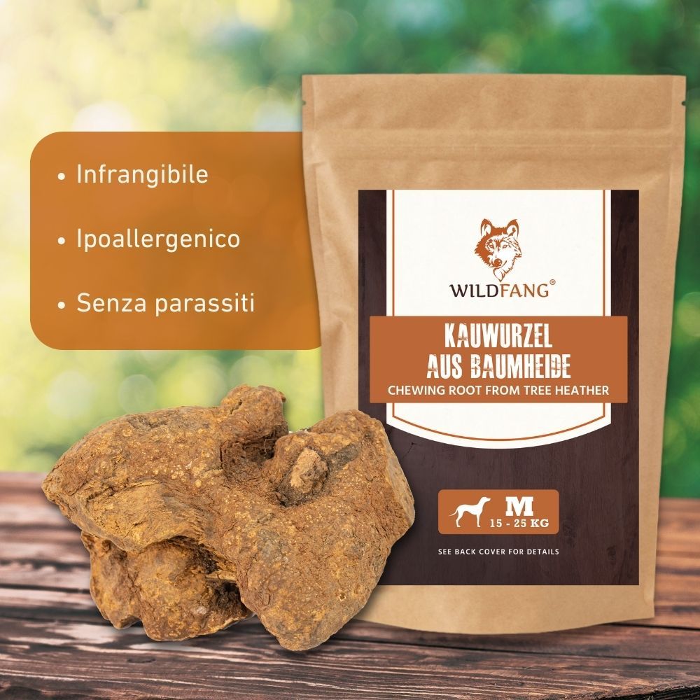 Radice da masticare di erica. Radice marrone accanto a un sacchetto di carta con logo e testo. Taglia M per 15-25 kg.