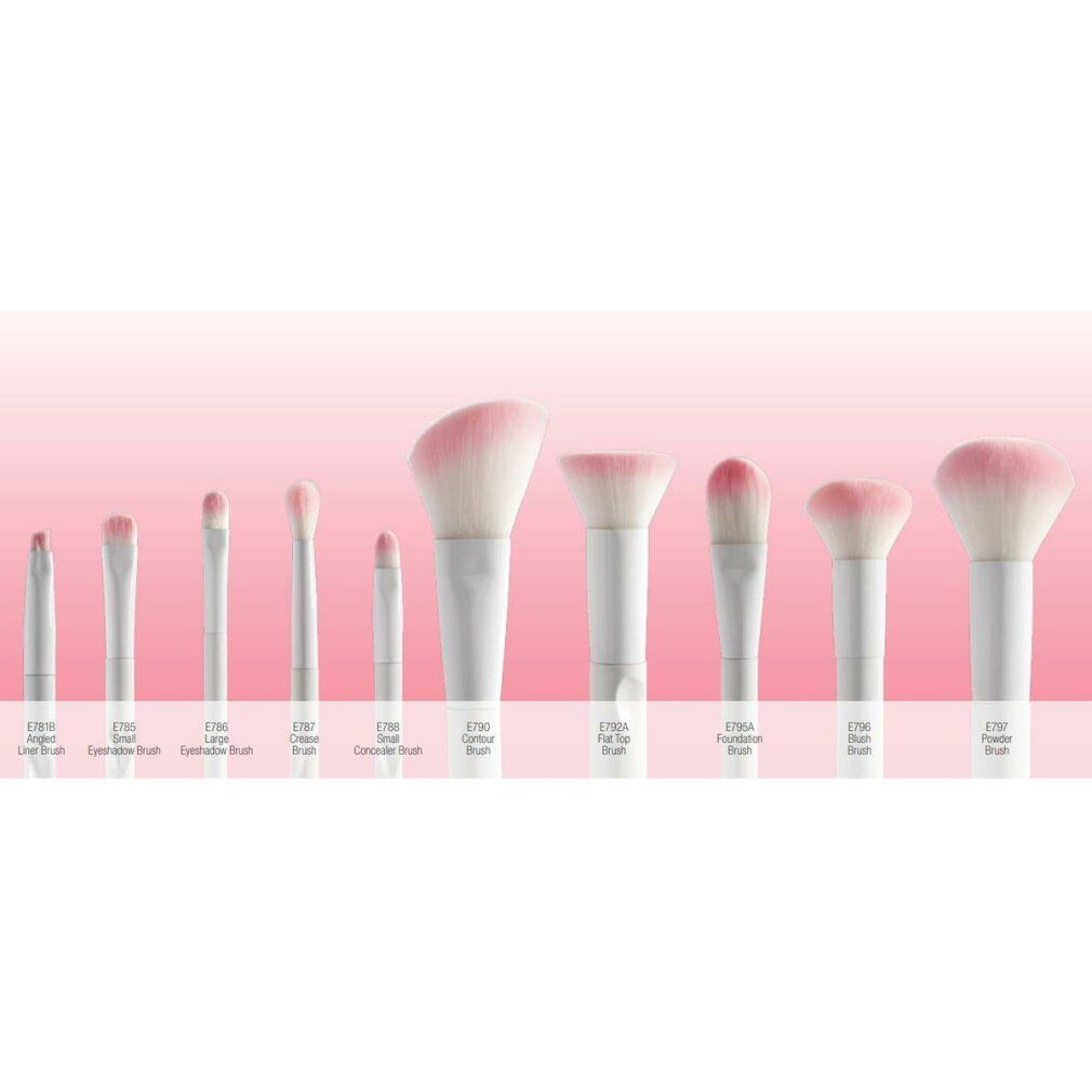 Una gamma di pennelli per il trucco, inclusi pennelli per fondotinta, con manici bianchi e setole rosa. Il marchio è "Wet n Wild".