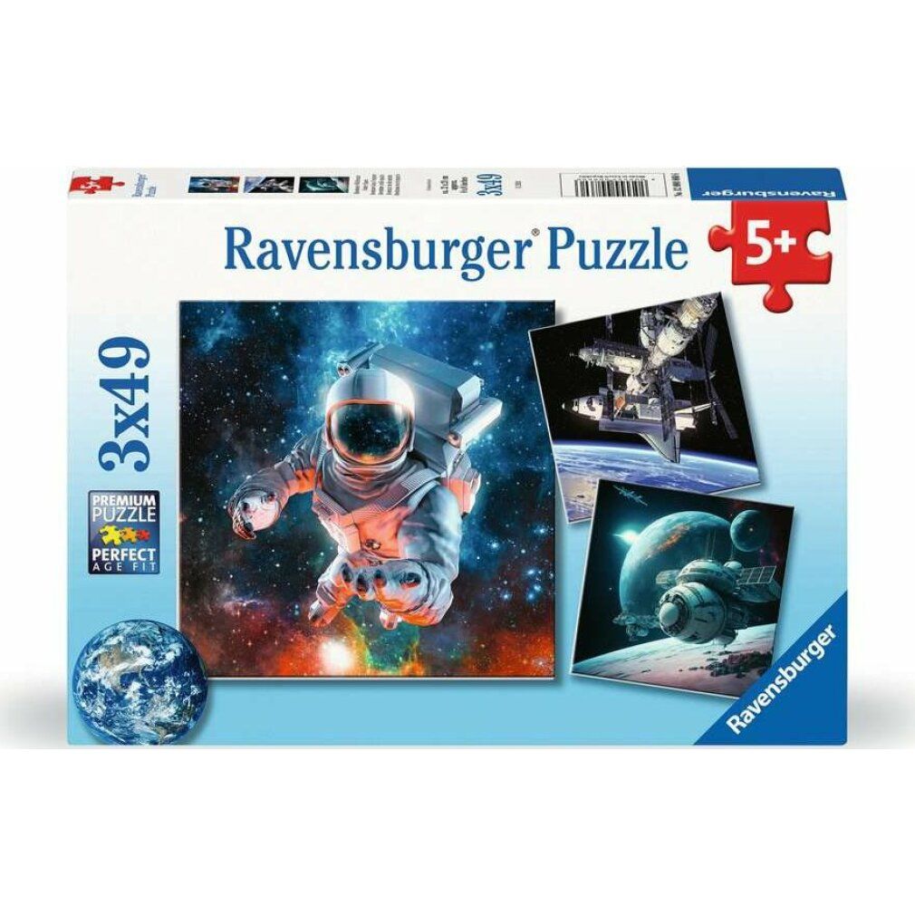 Scatola di puzzle con motivi spaziali. Il logo Ravensburger e l'età consigliata 5+ sono visibili.